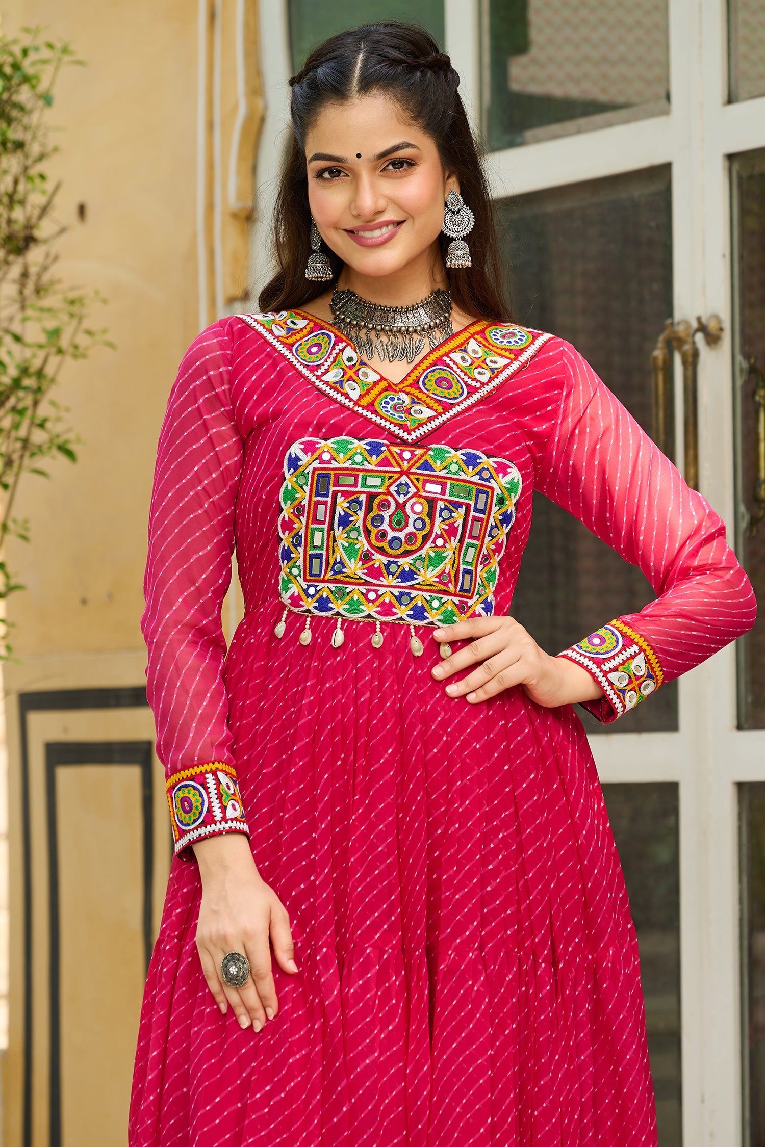 Pink Georgette Leheriya Printed Anarkali Kurti with Kachchi Work