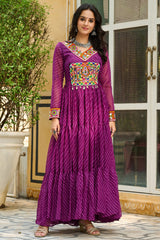 Purple Georgette Leheriya Printed Anarkali Kurti with Kachchi Work