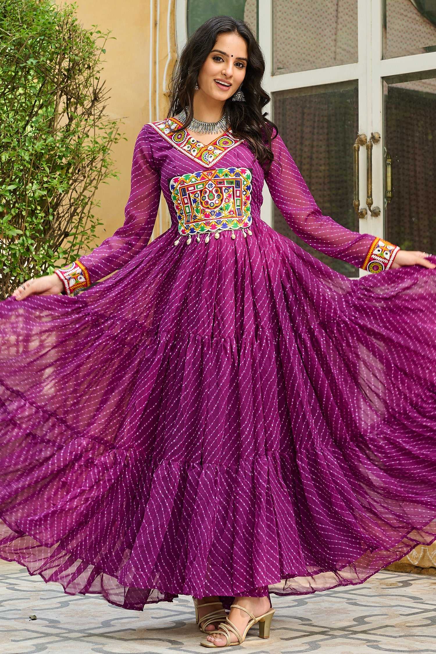 Purple Georgette Leheriya Printed Anarkali Kurti with Kachchi Work