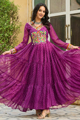 Purple Georgette Leheriya Printed Anarkali Kurti with Kachchi Work