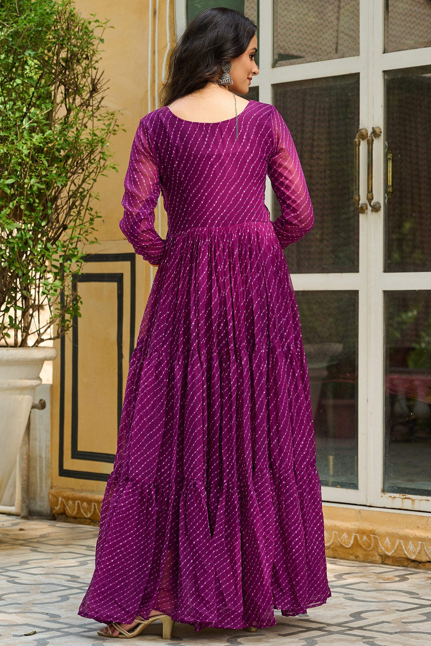 Purple Georgette Leheriya Printed Anarkali Kurti with Kachchi Work