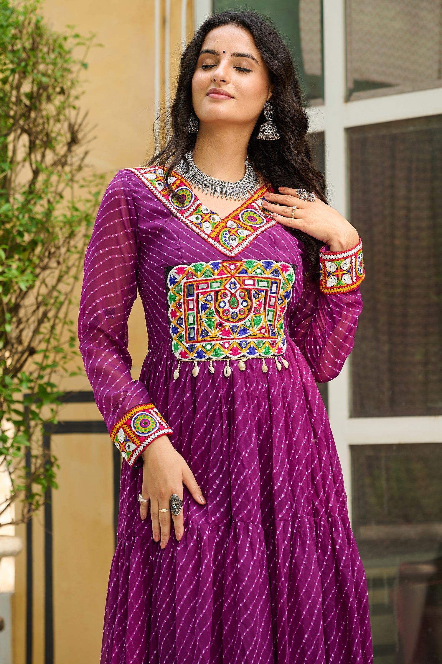 Purple Georgette Leheriya Printed Anarkali Kurti with Kachchi Work