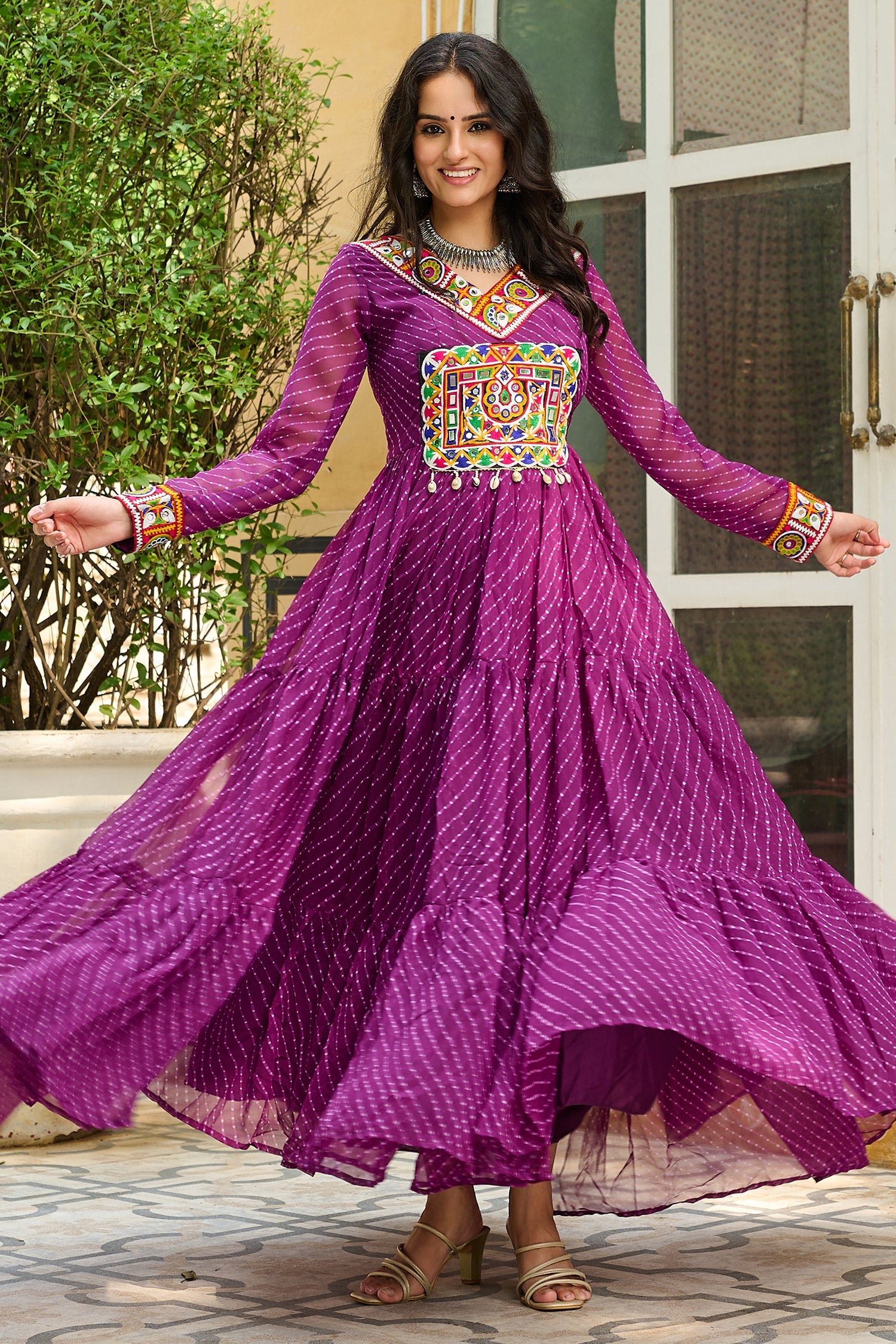 Purple Georgette Leheriya Printed Anarkali Kurti with Kachchi Work