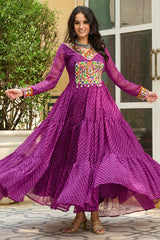 Purple Georgette Leheriya Printed Anarkali Kurti with Kachchi Work