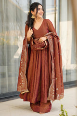 Brown Chinon Silk Anarkali Palazzo Kurti Set