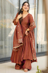 Brown Chinon Silk Anarkali Palazzo Kurti Set