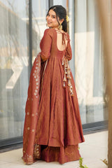 Brown Chinon Silk Anarkali Palazzo Kurti Set