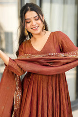 Brown Chinon Silk Anarkali Palazzo Kurti Set