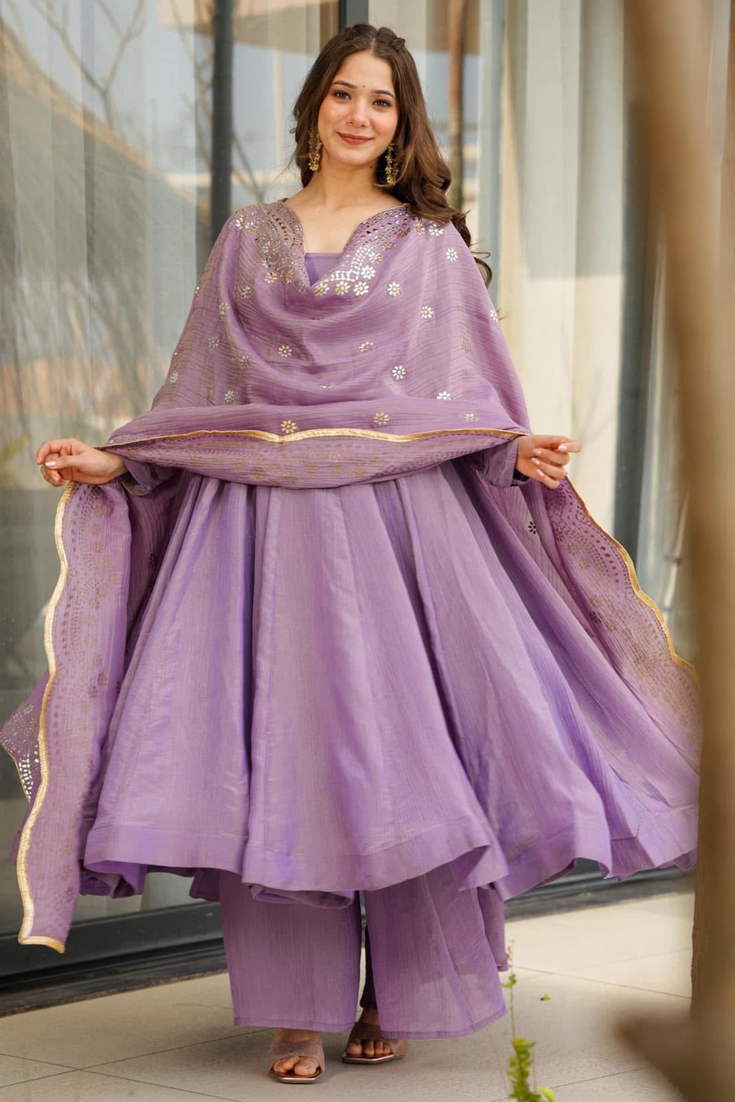 Pink Chinon Silk Anarkali Palazzo Kurti Set