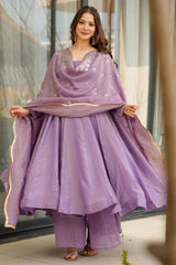 Pink Chinon Silk Anarkali Palazzo Kurti Set
