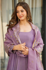 Pink Chinon Silk Anarkali Palazzo Kurti Set