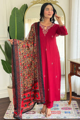 Pink Viscose Rayon Embroidered Straight Cut Kurti Set