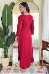 Pink Viscose Rayon Embroidered Straight Cut Kurti Set