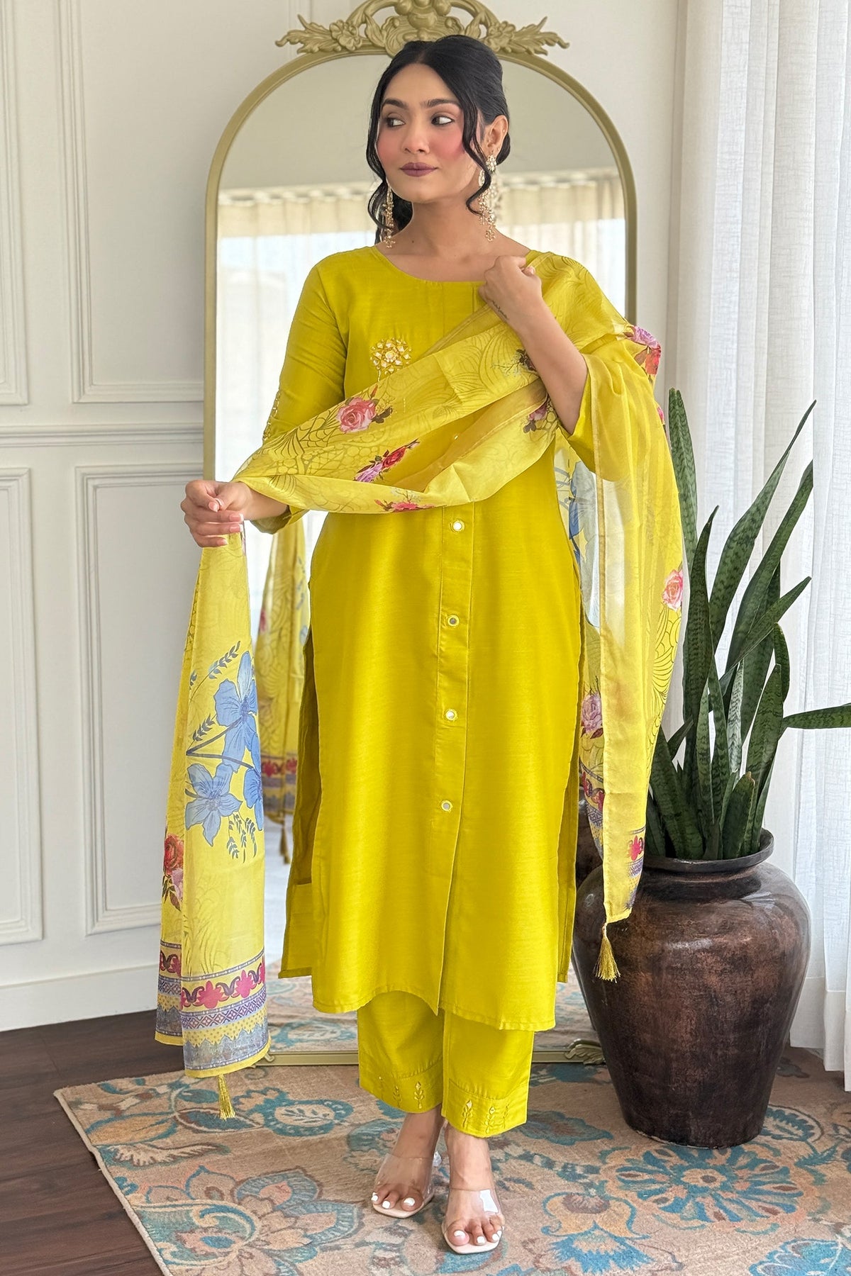 Yellow Art Silk Mirror Embroidered Straight Cut Kurti Set