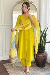 Yellow Art Silk Mirror Embroidered Straight Cut Kurti Set