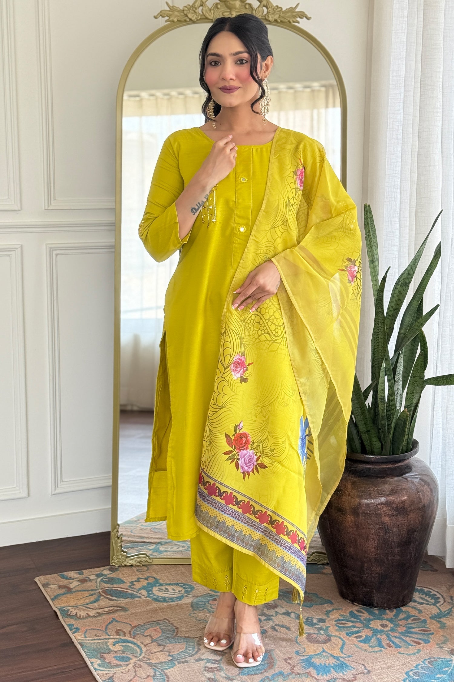 Yellow Art Silk Mirror Embroidered Straight Cut Kurti Set