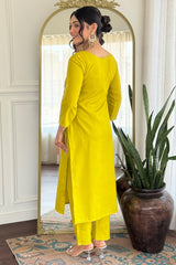 Yellow Art Silk Mirror Embroidered Straight Cut Kurti Set