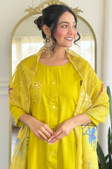 Yellow Art Silk Mirror Embroidered Straight Cut Kurti Set