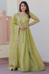 Pista Green Cursh Silk Sequin Embroidered Anarkali Kurti with Dupatta