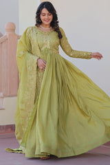 Pista Green Cursh Silk Sequin Embroidered Anarkali Kurti with Dupatta
