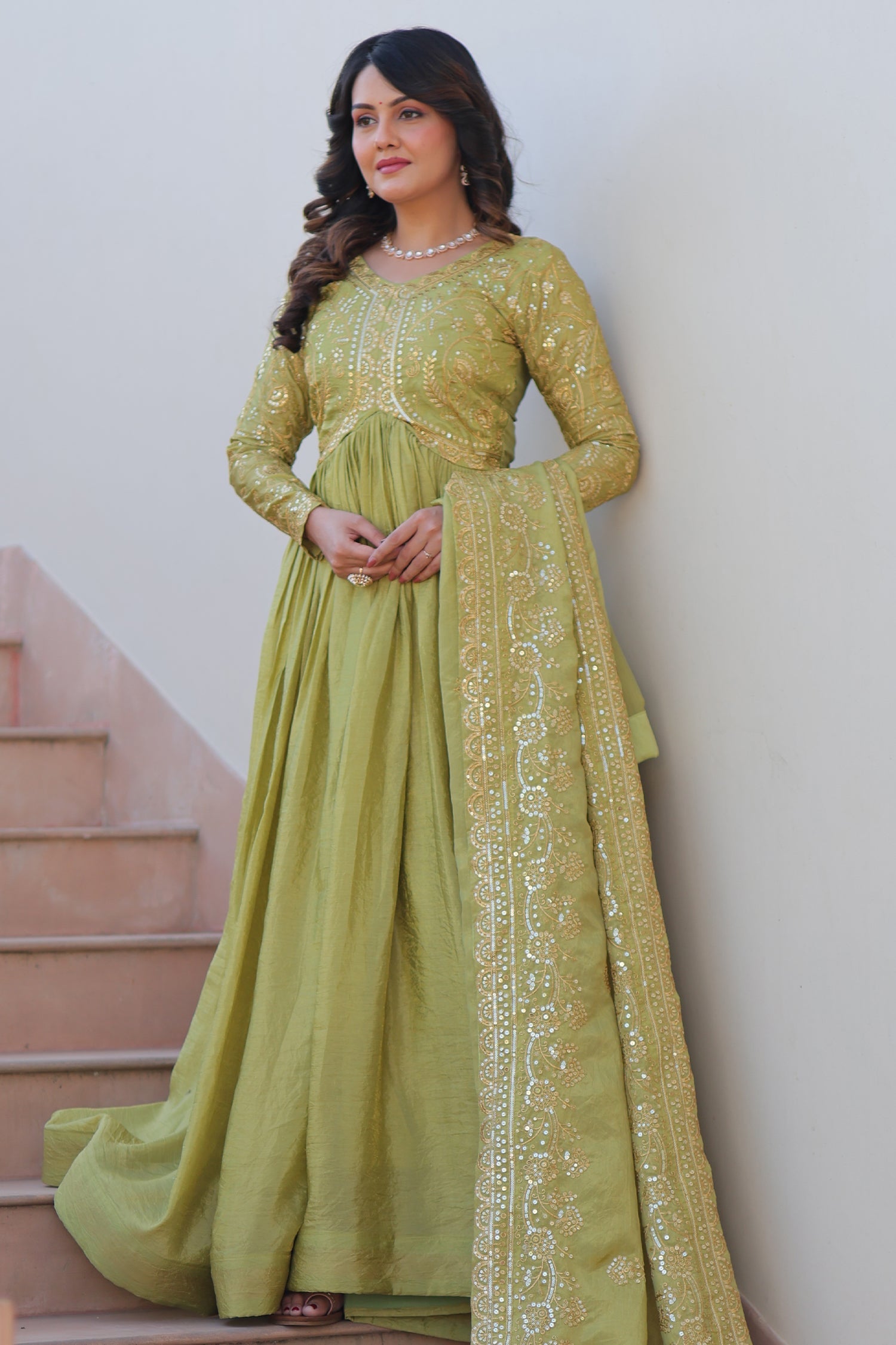 Pista Green Cursh Silk Sequin Embroidered Anarkali Kurti with Dupatta