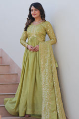 Pista Green Cursh Silk Sequin Embroidered Anarkali Kurti with Dupatta