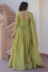 Pista Green Cursh Silk Sequin Embroidered Anarkali Kurti with Dupatta