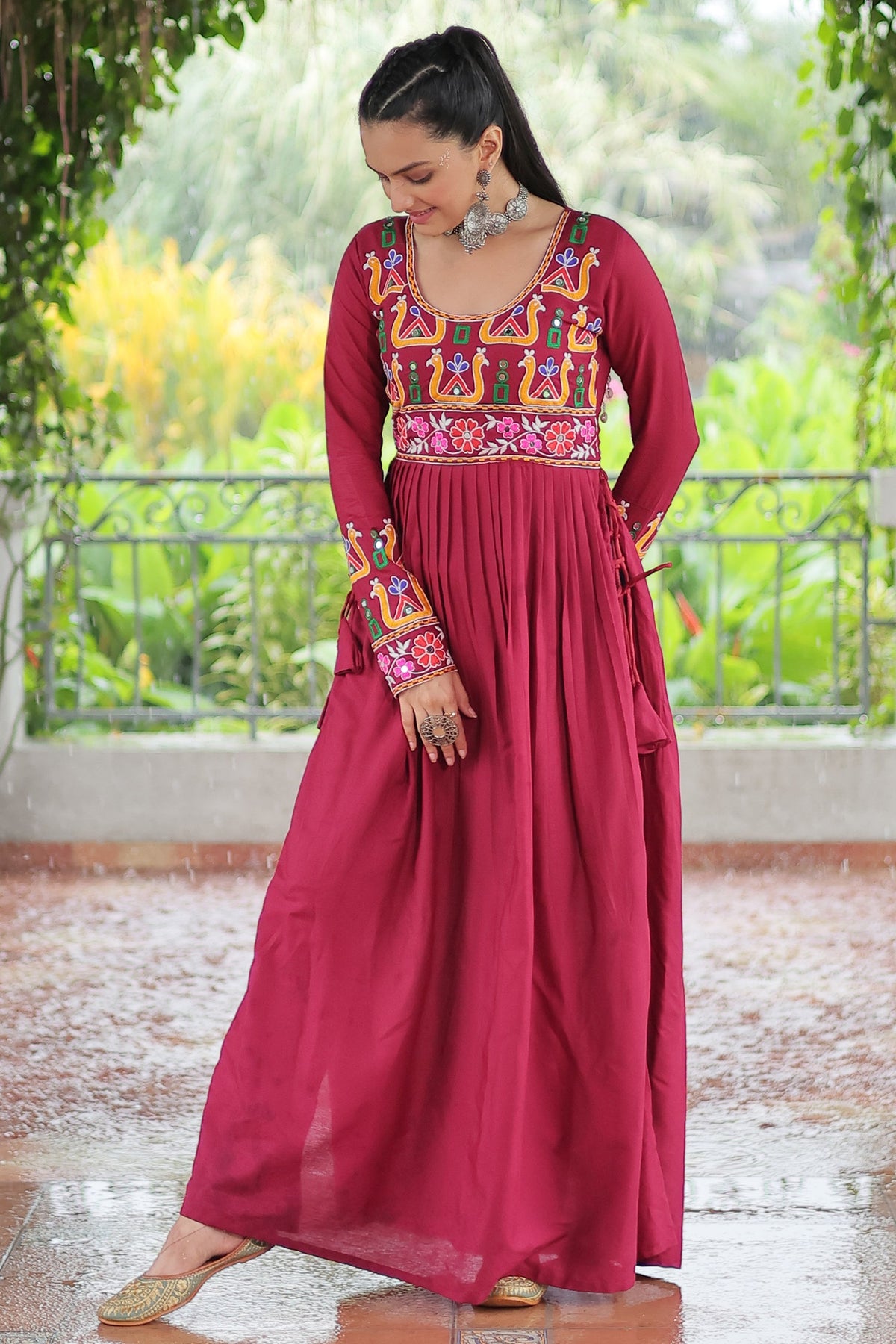 Maroon Rayon Kachchi Worked Straight Cut Kurti