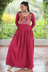 Maroon Rayon Kachchi Worked Straight Cut Kurti