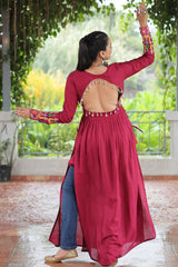 Maroon Rayon Kachchi Worked Straight Cut Kurti
