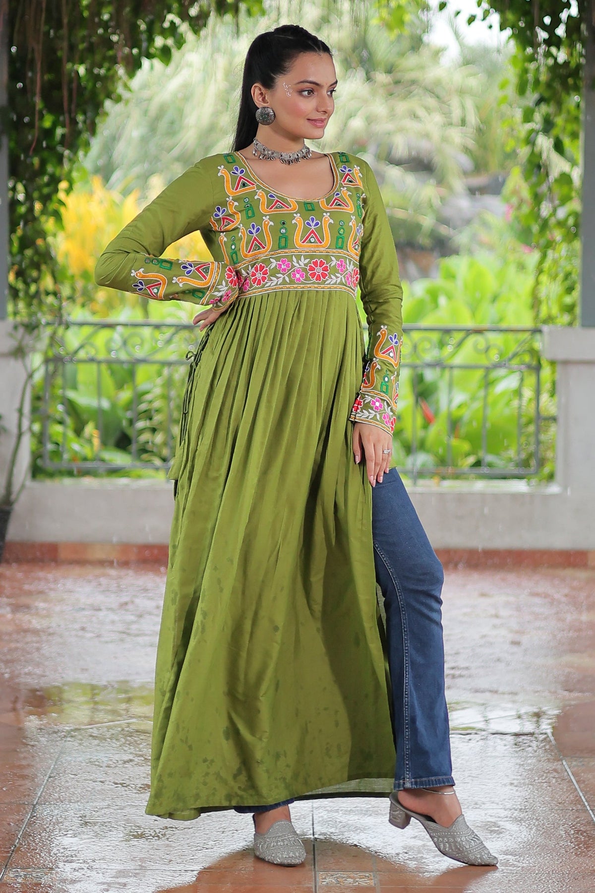 Green Rayon Kachchi Worked Straight Cut Kurti