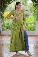 Green Rayon Kachchi Worked Straight Cut Kurti