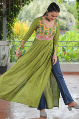 Green Rayon Kachchi Worked Straight Cut Kurti