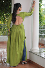 Green Rayon Kachchi Worked Straight Cut Kurti