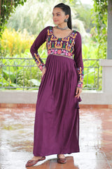 Wine Purple Rayon Kachchi Worked Straight Cut Kurti