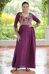 Wine Purple Rayon Kachchi Worked Straight Cut Kurti