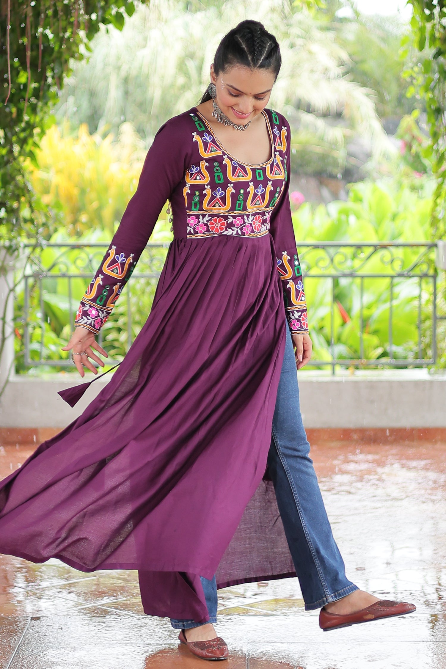 Wine Purple Rayon Kachchi Worked Straight Cut Kurti