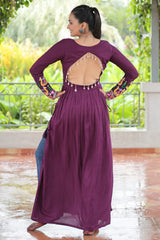 Wine Purple Rayon Kachchi Worked Straight Cut Kurti