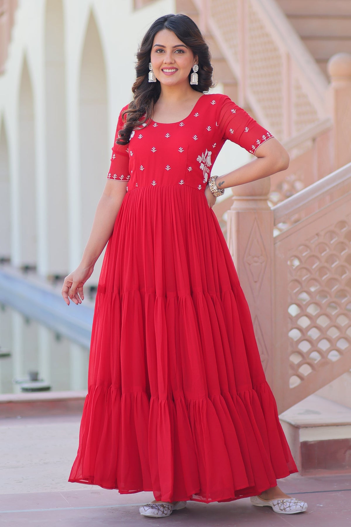 Red Georgette Beaded and Sequin Worked Flared Anarkali Kurti