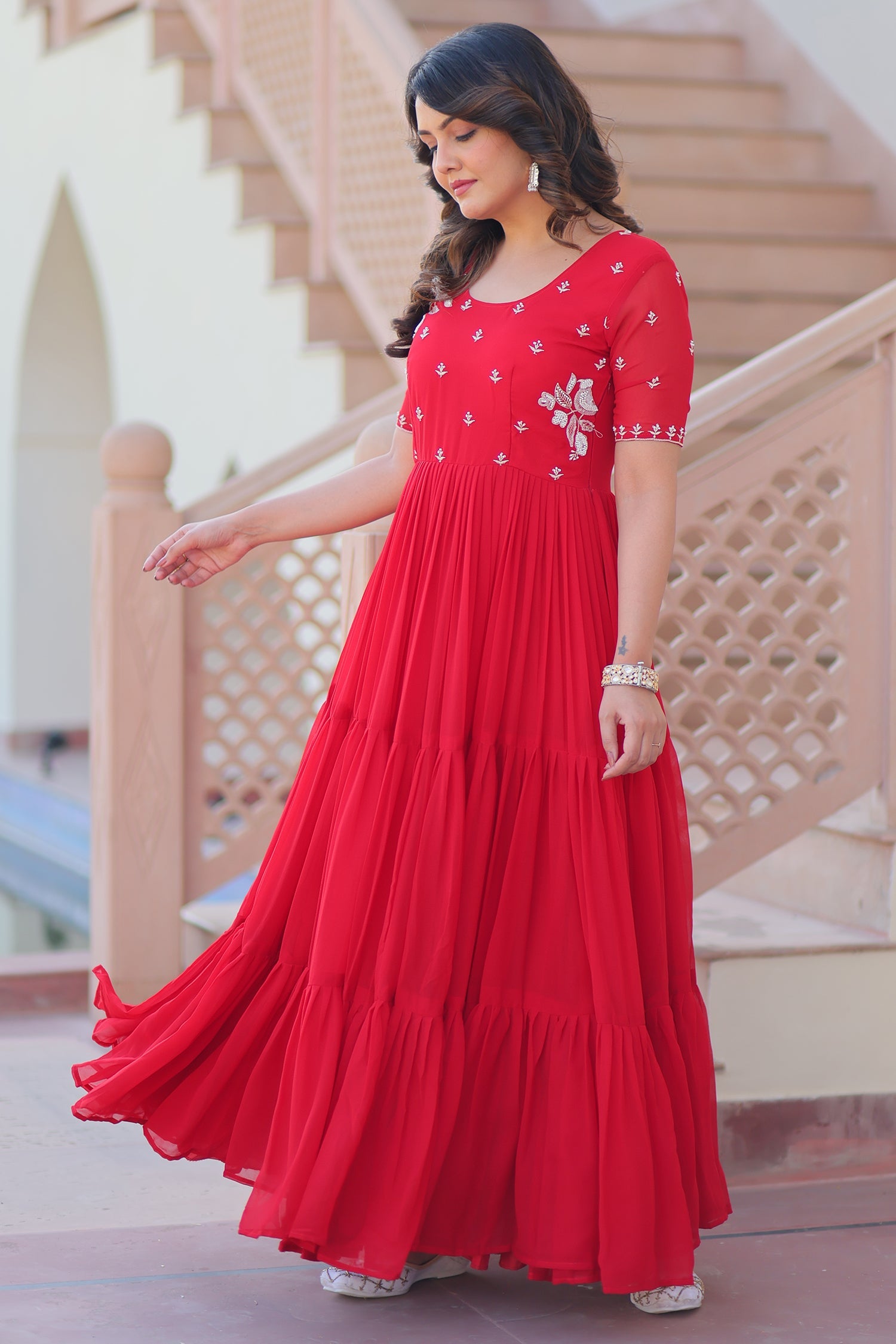 Red Georgette Beaded and Sequin Worked Flared Anarkali Kurti