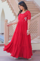 Red Georgette Beaded and Sequin Worked Flared Anarkali Kurti