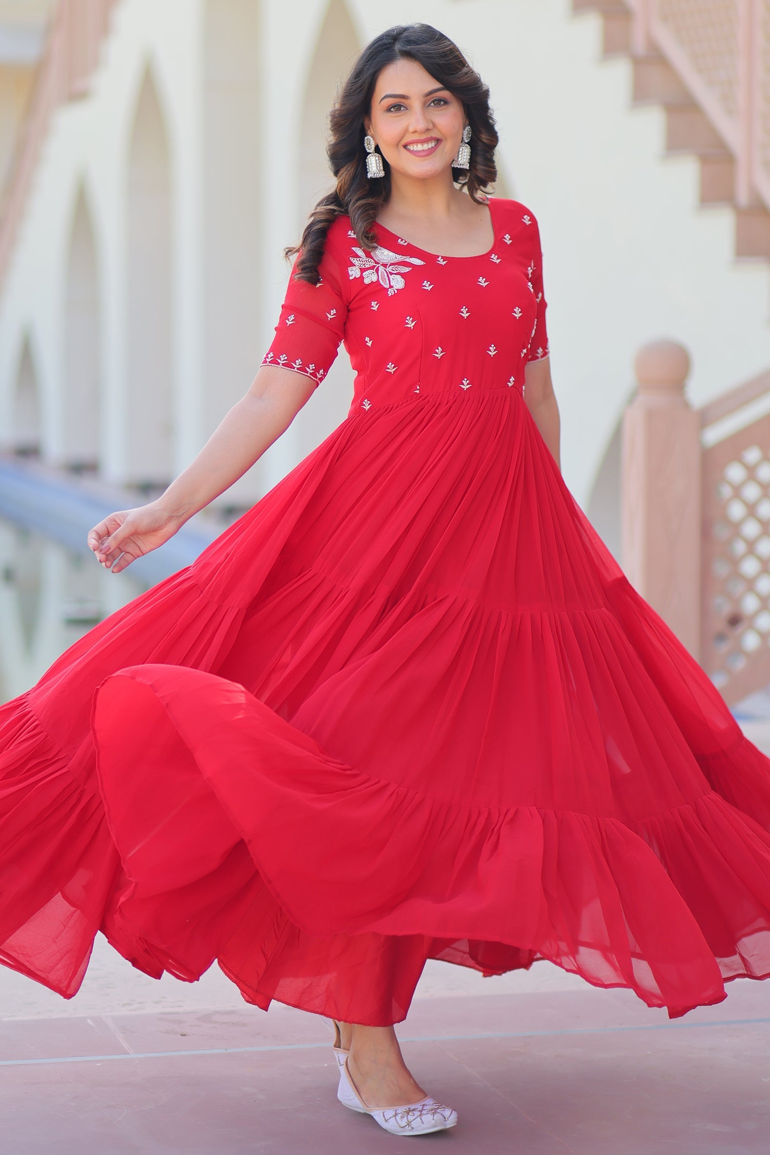 Red Georgette Beaded and Sequin Worked Flared Anarkali Kurti