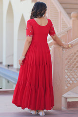 Red Georgette Beaded and Sequin Worked Flared Anarkali Kurti