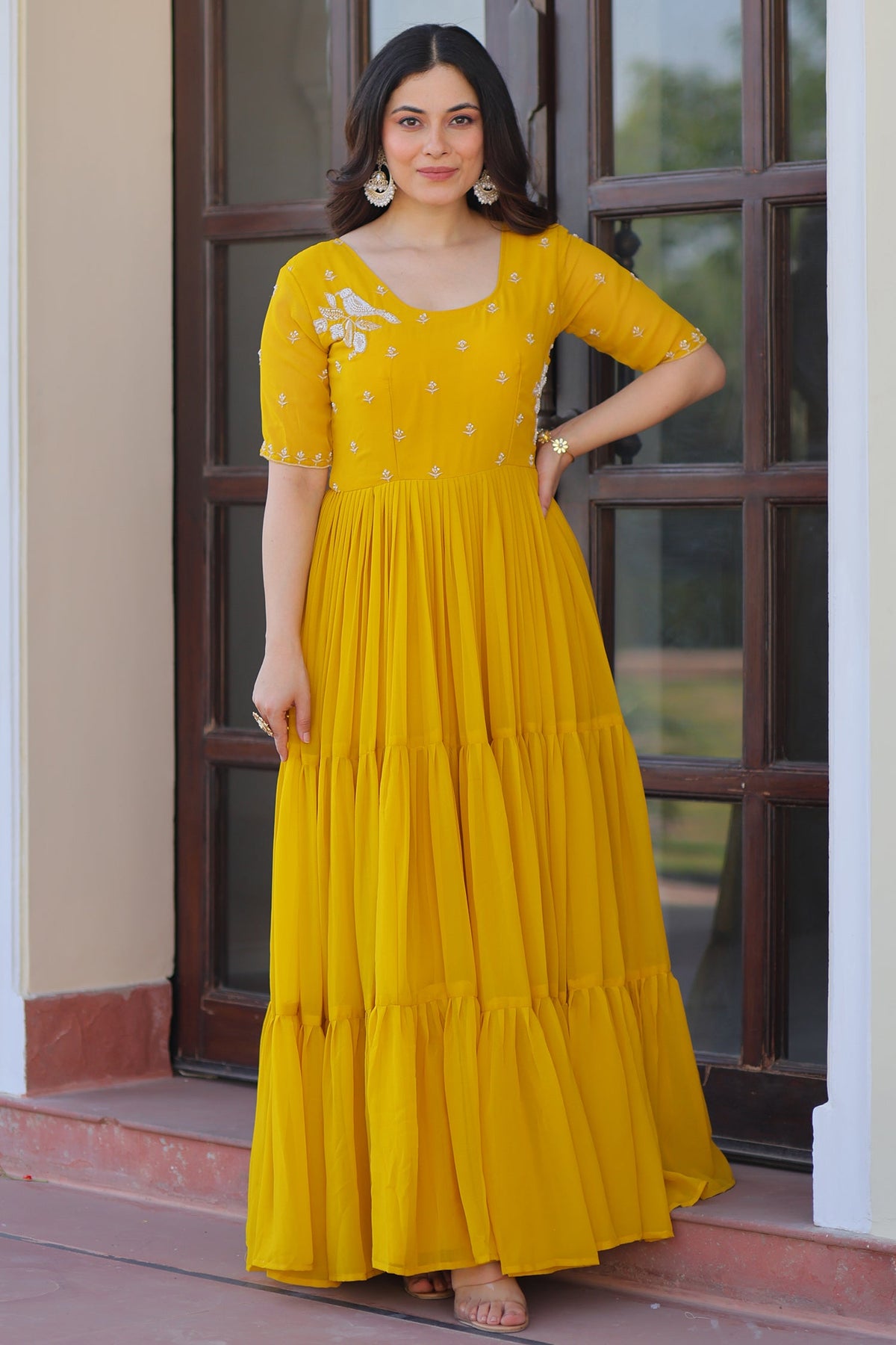 Yellow Georgette Flared Beaded and Sequin Worked Anarkali Kurti