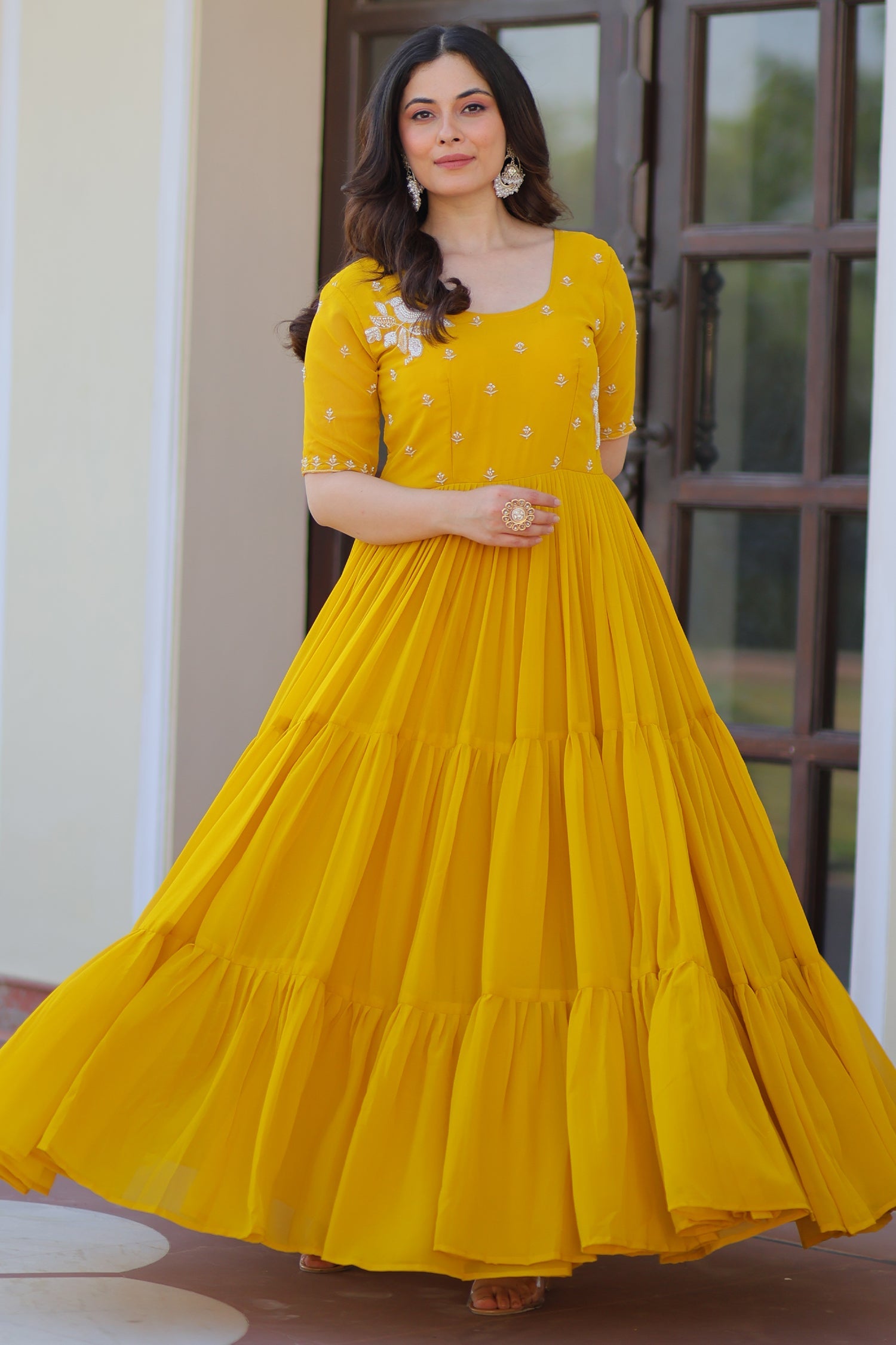 Yellow Georgette Flared Beaded and Sequin Worked Anarkali Kurti