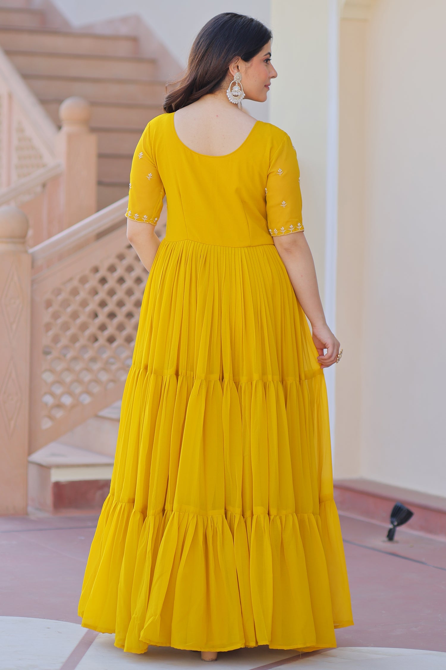 Yellow Georgette Flared Beaded and Sequin Worked Anarkali Kurti