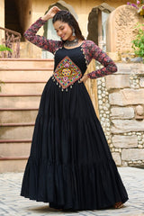 Black Rayon Flared Anarkali Kurti with Kachchi Worked