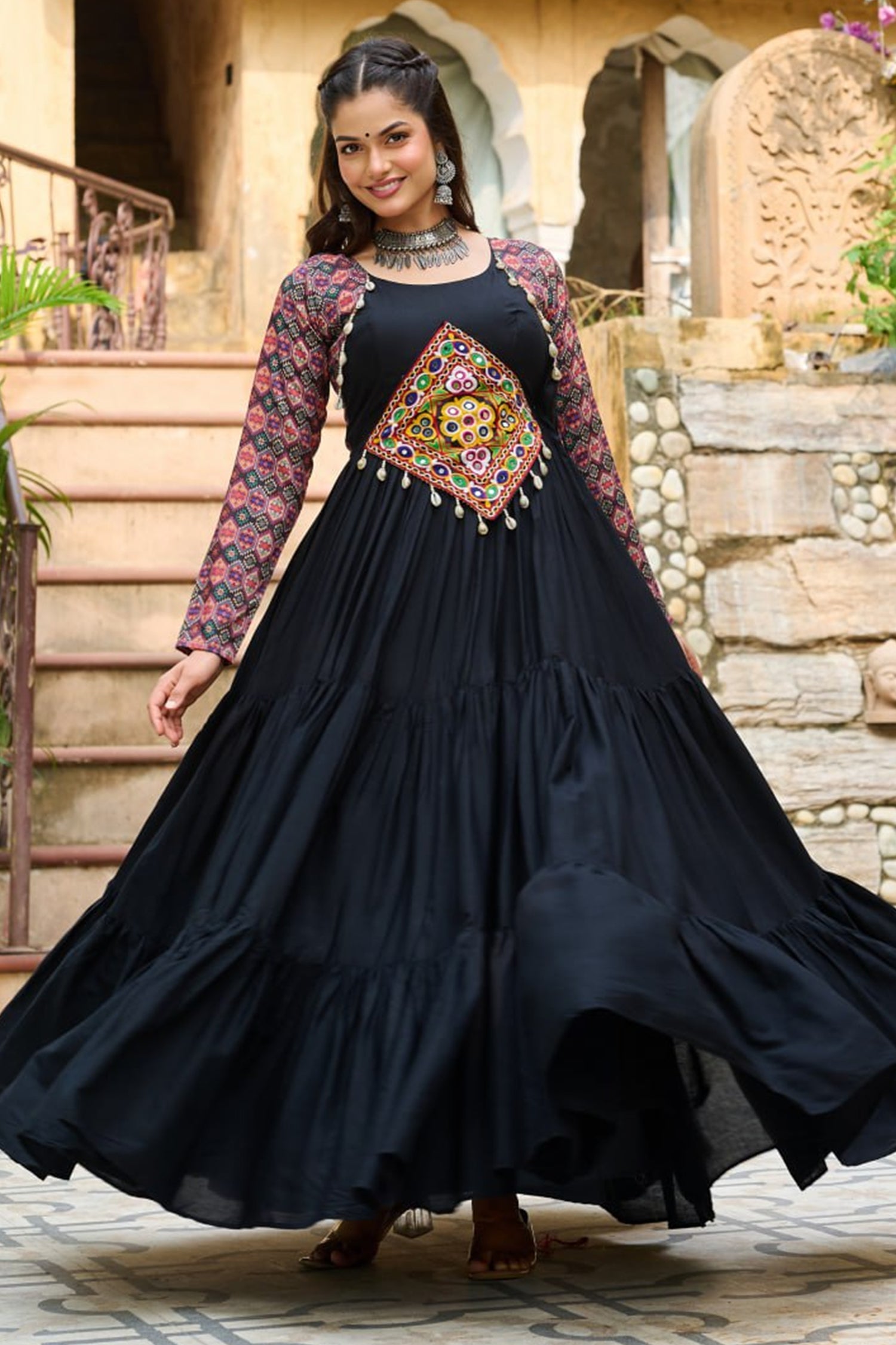 Black Rayon Flared Anarkali Kurti with Kachchi Worked