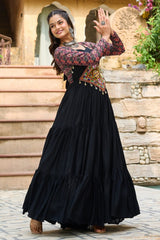 Black Rayon Flared Anarkali Kurti with Kachchi Worked