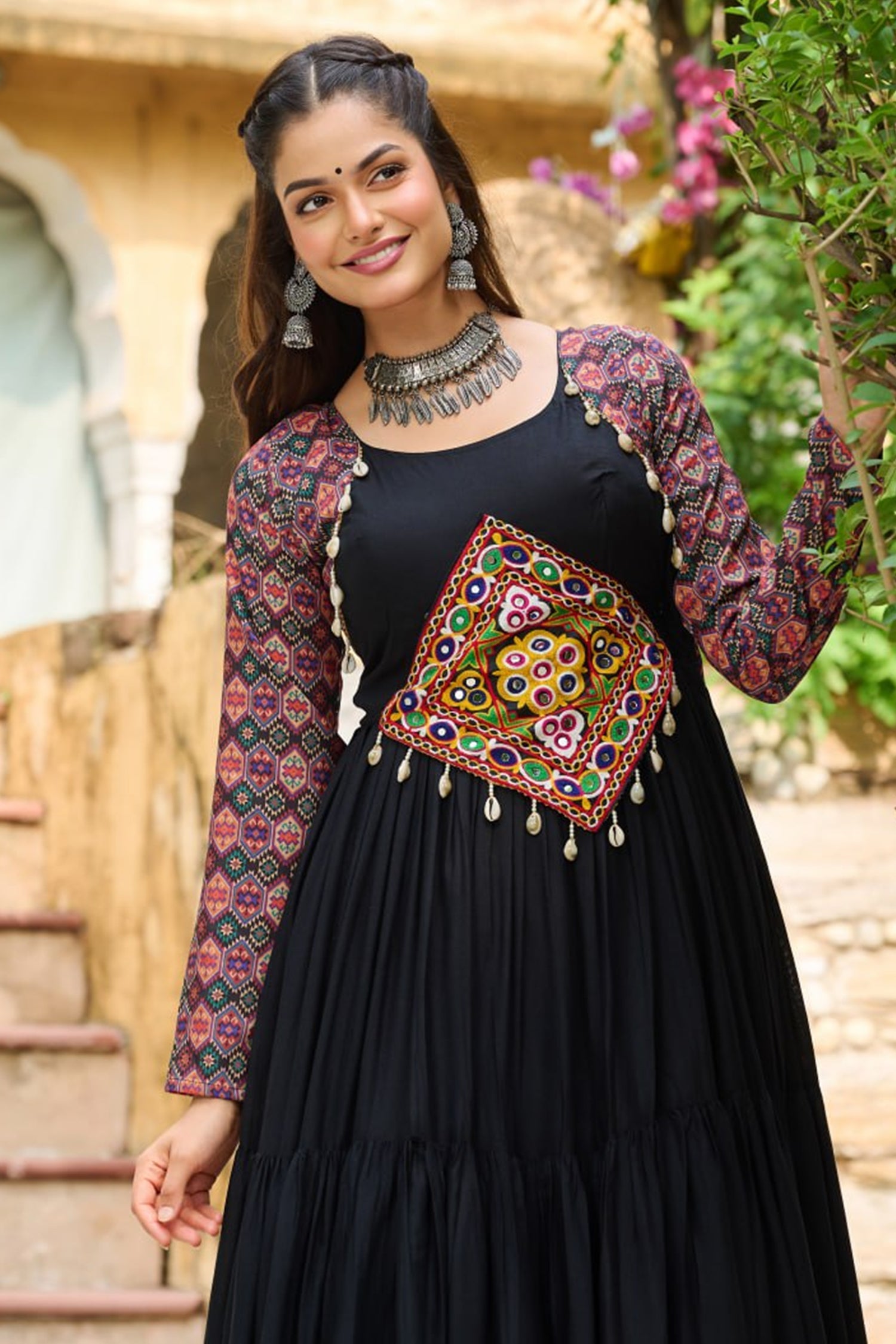 Black Rayon Flared Anarkali Kurti with Kachchi Worked